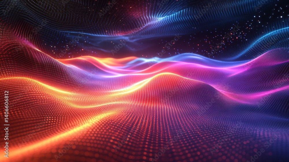 Poster a vibrant, abstract landscape of flowing waves illuminated in colorful gradients, evoking a sense of