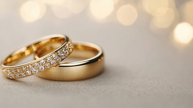 Two classic gold wedding rings alongside a bridal bouquet create a romantic atmosphere with soft lighting bokeh