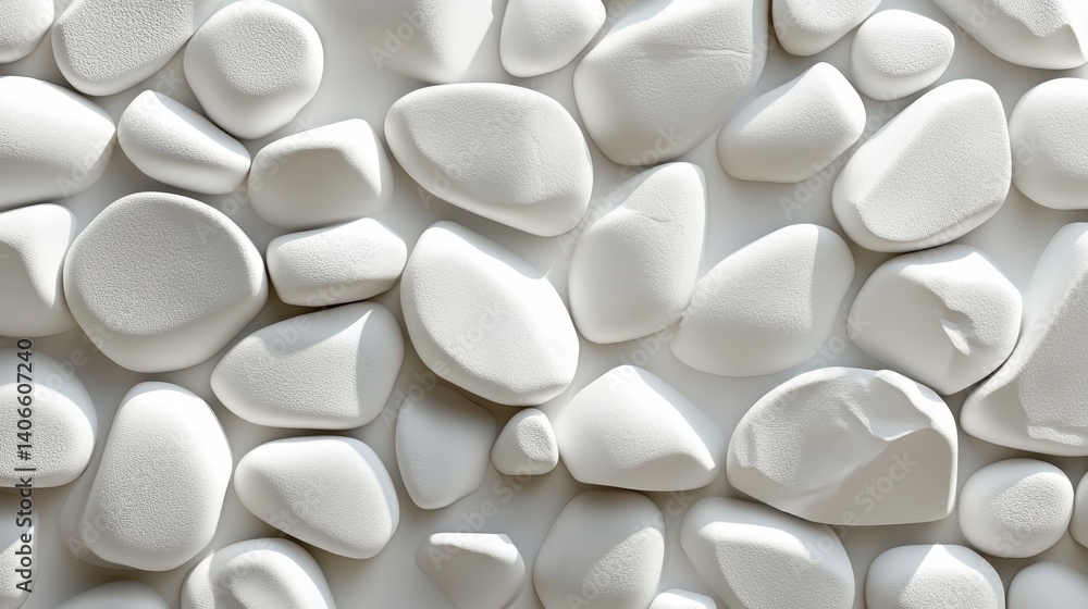 Poster smooth white pebbles carefully positioned on immaculate surface, casting delicate shadows and creati