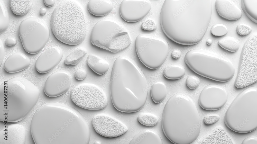 Poster white pebbles varying in texture and form generating geometric pattern, presenting minimalist design