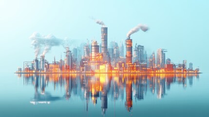 Fototapeta premium A vibrant industrial cityscape reflected in water, featuring towering structures and smoke, symbolizing modern manufacturing and technology.