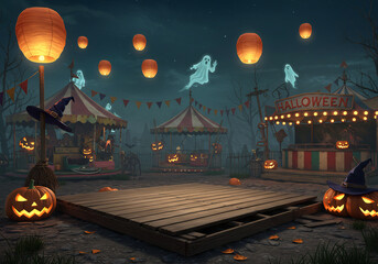 Spooky Halloween Carnival at Night with Jack-o-lanterns and Ghosts