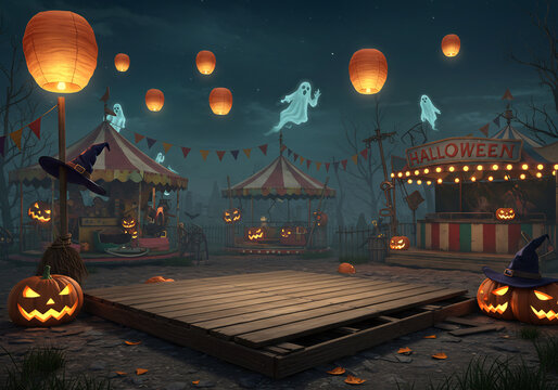 Spooky Halloween Carnival at Night with Jack-o-lanterns and Ghosts