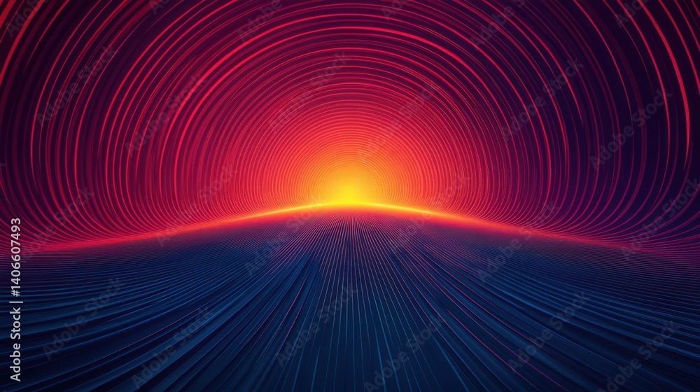 Poster a vibrant digital landscape featuring concentric lines radiating from a bright horizon, creating a s