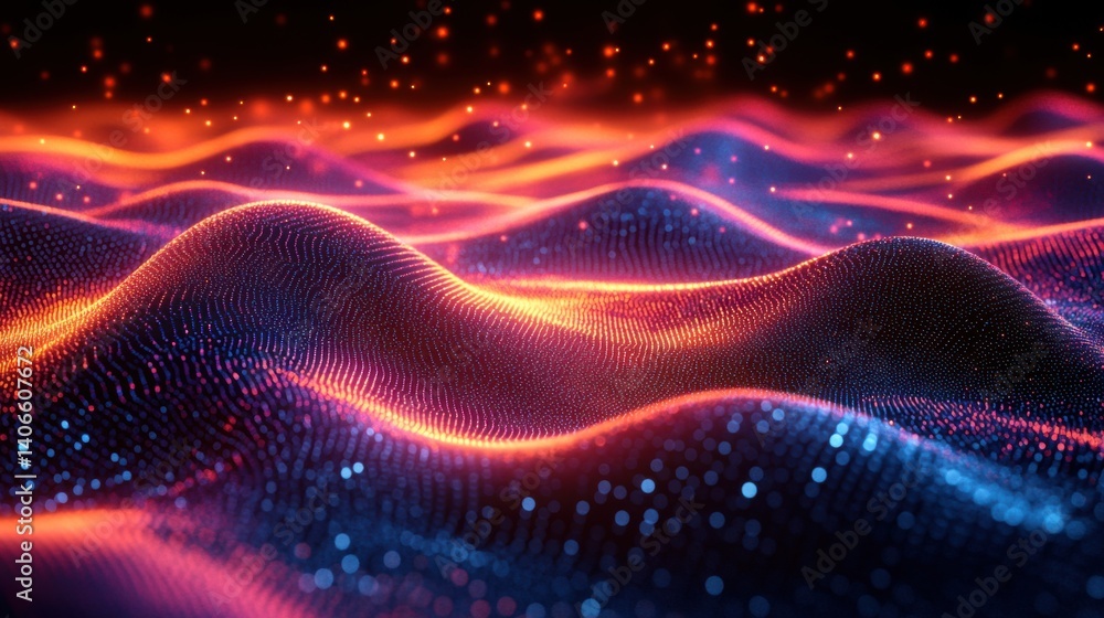 Poster a vibrant, abstract representation of flowing waves illuminated by glowing particles, creating a dyn