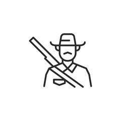 Hunter icon. Simple outline illustration of a hunter in a traditional hat and with a gun. Ideal for designs related to Jungles, travel, adventure business. Vector illustration