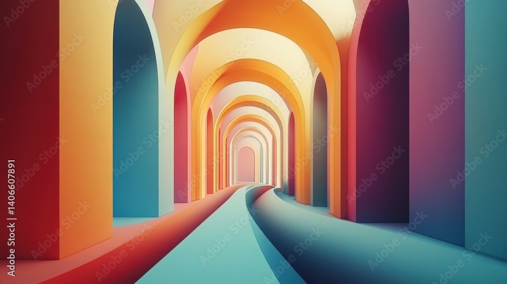Poster a vibrant, abstract corridor lined with colorful arches and a winding path, creating a visually stri