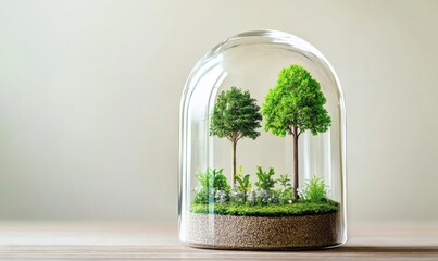 Protected nature scene in glass dome; environmental conservation concept
