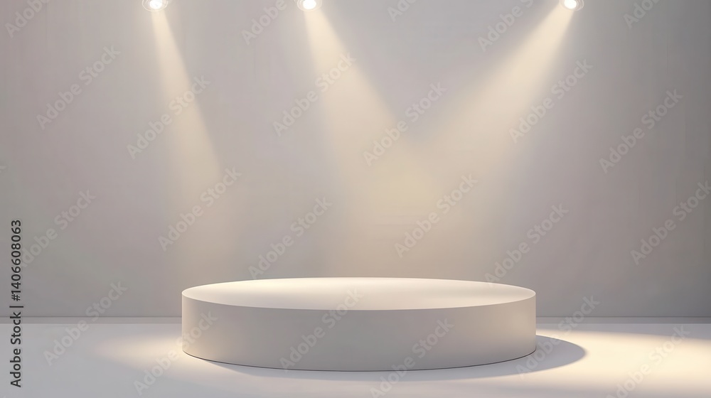 Poster empty round white podium illuminated by three spotlights creating a dramatic presentation space in a