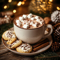 A rich, creamy hot chocolate topped with fluffy marshmallows and a hint of cinnamon, paired with delicious cookies. Perfect for cozy winter moments, holidays, and festive warmth