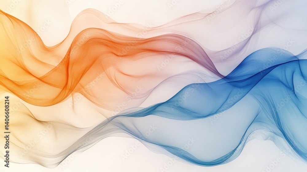 Poster a flowing abstract design featuring soft waves in orange and blue tones, creating a serene and dynam