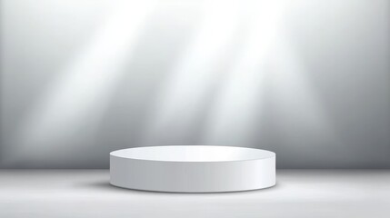 Fototapeta premium Illuminated white circular podium highlighting award stage, vibrant spotlights casting dramatic shadows on sleek gray backdrop, symbolizing achievement and recognition