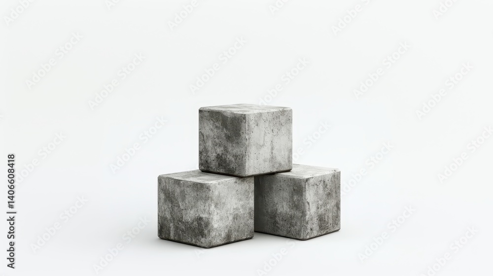Poster minimalist geometric composition featuring gray concrete blocks stacked symmetrically, presenting cl