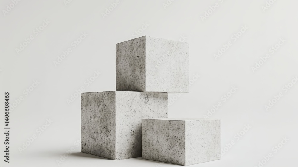 Poster three gray concrete cubes balancing on each other against a minimal white background, creating a mod