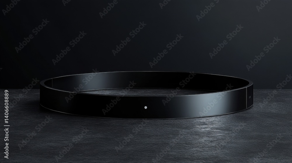 Poster a sleek, black circular object sits on a textured dark surface, showcasing minimalist design and ele