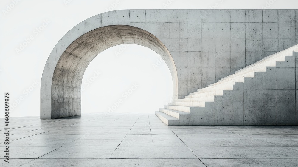 Poster a minimalist architectural design featuring a concrete arch and staircase, creating a stark, modern 