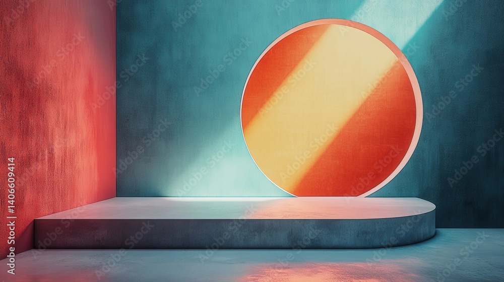 Poster a minimalistic interior scene featuring a circular window casting colorful light against textured wa