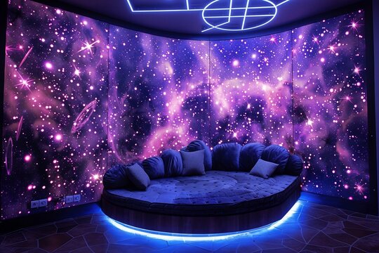 Space themed planetarium backdrop glowing constellation deep purple cosmos