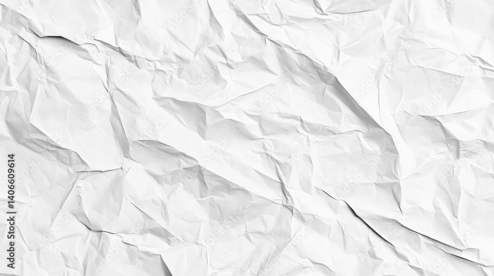 Poster crumpled white paper creating textured surface with intricate folds, providing abstract background e