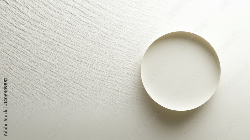 Poster a minimalistic image featuring a simple round plate positioned on a textured, light-colored surface,