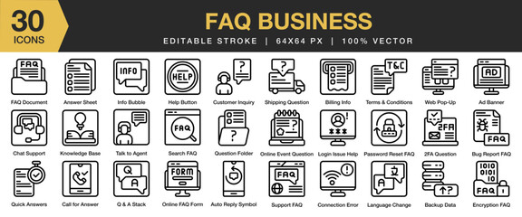 FAQ Business icon set. Editable Stroke Icon Collection. Includes business, faq, help, information, question, ask, mark, and More. Outline icons vector collection.