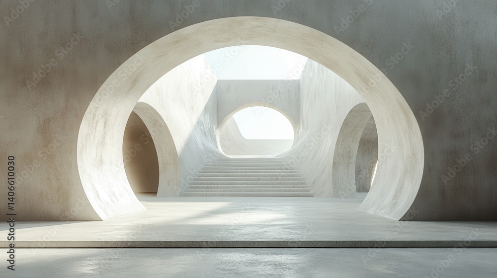 Poster a minimalist architectural space featuring large, rounded openings and soft lighting, creating a pea