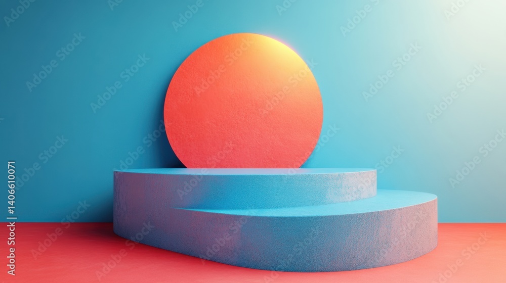Poster a vibrant composition featuring geometric shapes in contrasting colors, with a large circular form a