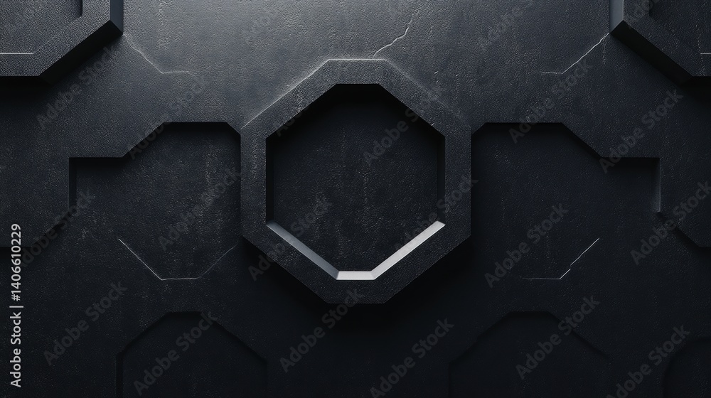 Poster a textured, dark surface featuring octagonal shapes, creating a visually striking geometric pattern.