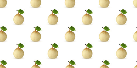 Seamless pattern of ripe chinese pears with green leaves on white background