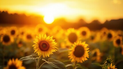 Fototapeta premium A beautiful sunflower field under a golden sunset, symbolizing sustainable energy and agriculture, 