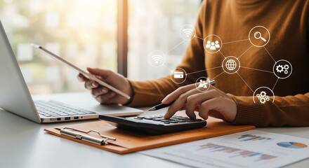 Woman using calculator and laptop for financial planning and business analysis, digital network connection icons overlay