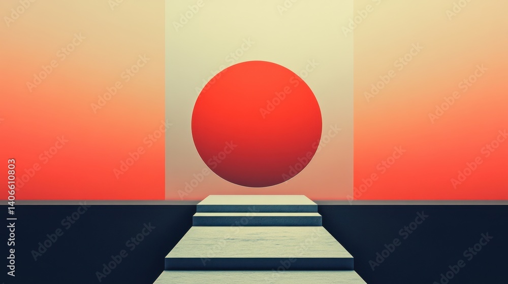 Poster a minimalist design featuring a large red circle on a gradient background, with steps leading up to 