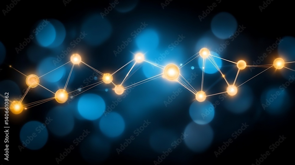 Poster abstract network of golden nodes connected by lines on a dark blue background.