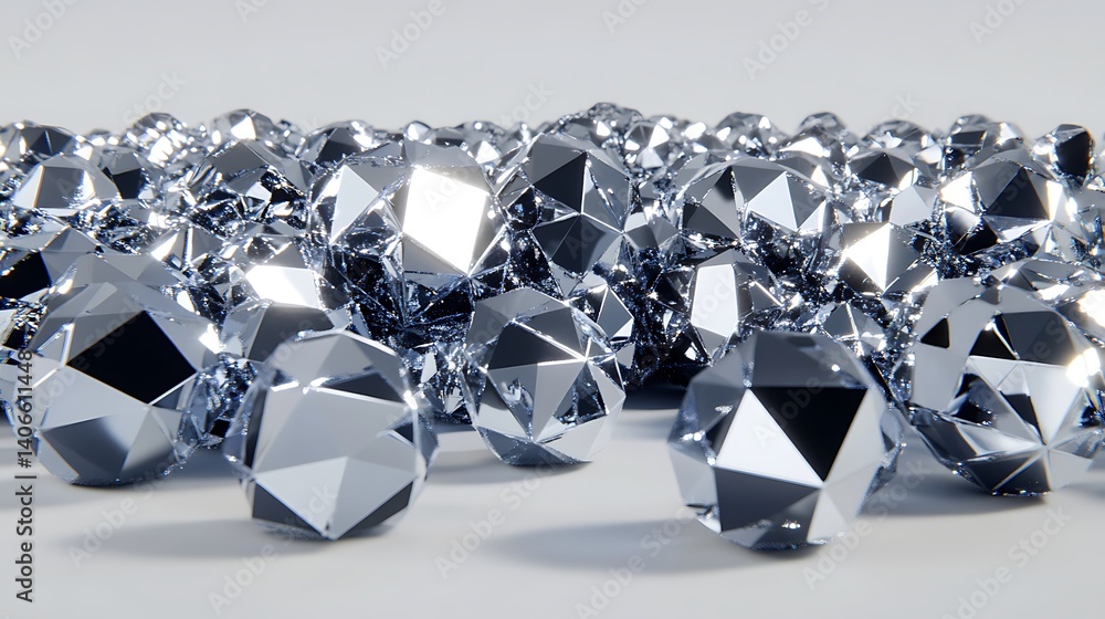 Poster metallic, faceted gems cluster in a reflective pile.