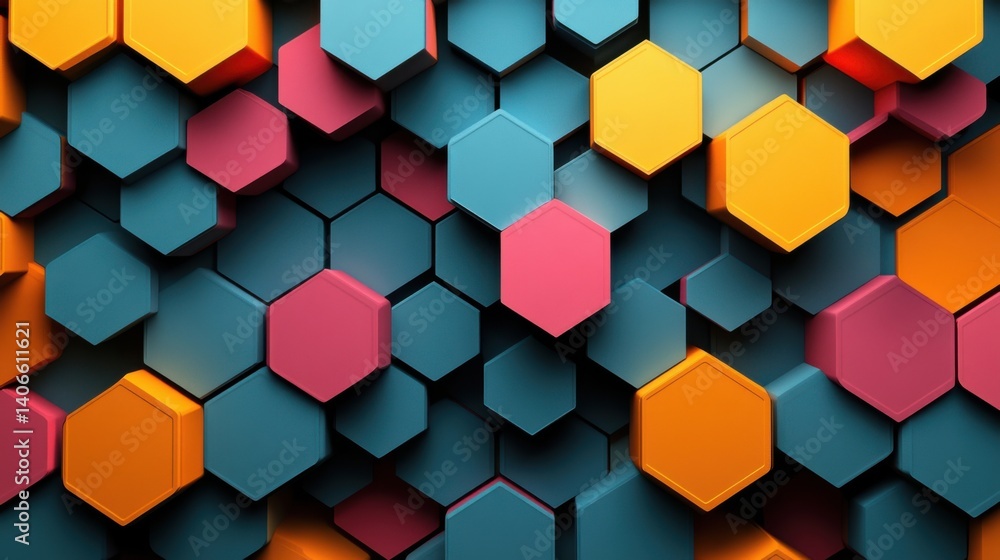 Poster a vibrant abstract design featuring hexagonal shapes in various colors, creating a striking visual p