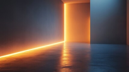 A modern, minimalist interior with soft lighting, featuring a smooth floor and illuminated edges creating a serene atmosphere.