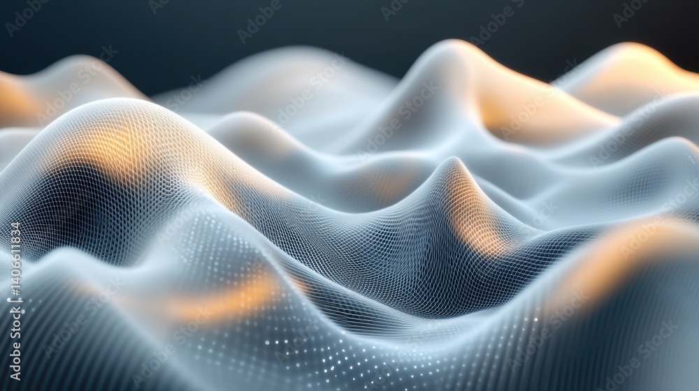 Poster a dynamic, abstract representation of flowing waves, featuring a mesh-like texture illuminated with 