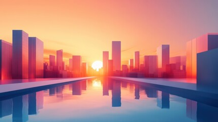 Obraz premium A vibrant city skyline at sunset, reflecting in a calm water body, showcasing modern architecture with a colorful gradient sky.