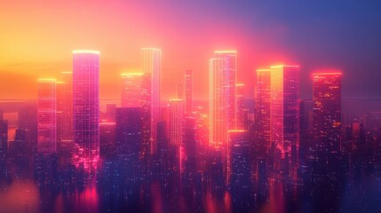 Fototapeta premium A vibrant city skyline at sunset, featuring futuristic skyscrapers illuminated with neon lights, reflecting a blend of technology and modernity.