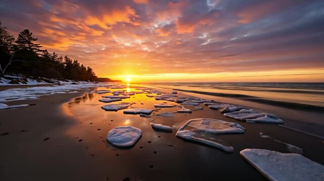 Beach at sunset with ice floes and trees along the shore under a colorful sky landscape view
