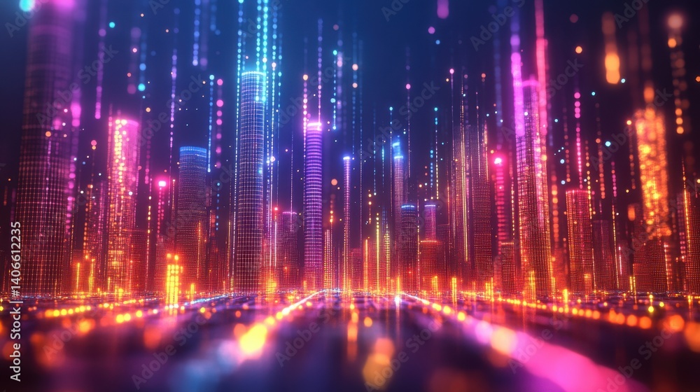 Poster a vibrant digital cityscape with colorful lights and vertical beams, creating a futuristic and dynam