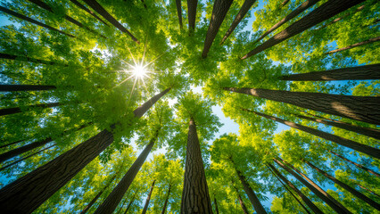 Sunlight Filtering Through Lush Green Leaves of Tall Trees in Vibrant Forest Canopy on a Bright Blue Sky Day