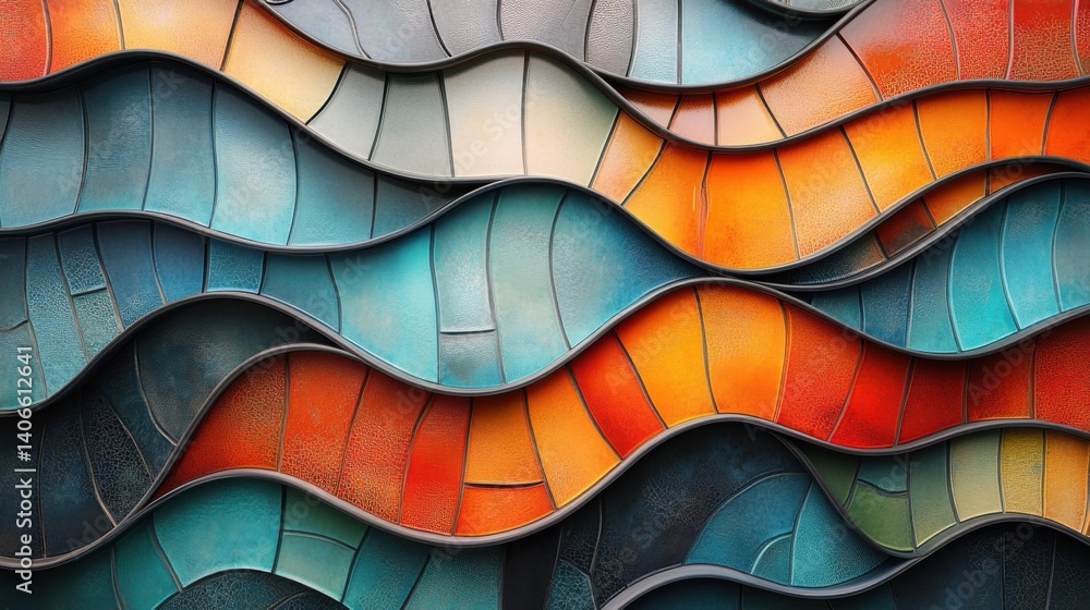 Aufkleber a vibrant, textured composition of wavy patterns in colors of blue, orange, and gray, creating a dyn