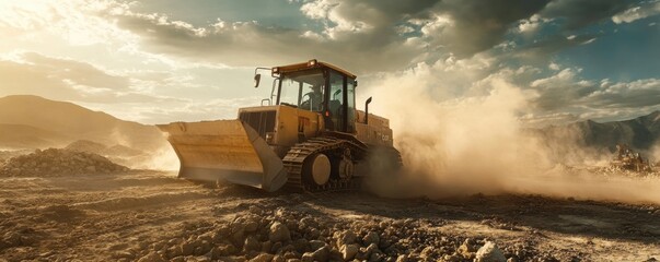 Bulldozer at Work in Desert Landscape: Powerful Machine Moving Earth Under Dramatic Sky