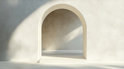 A minimalist archway creates an inviting space, illuminated by soft light, showcasing smooth textures and subtle shadows.