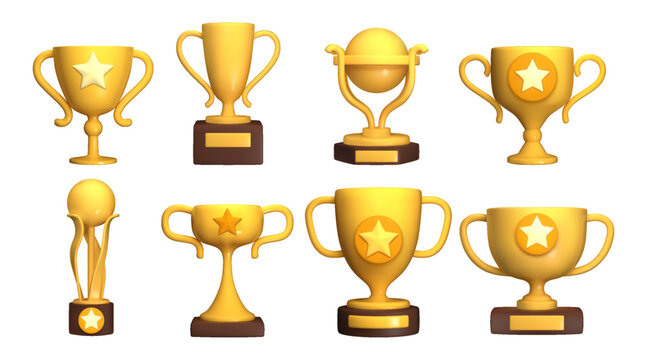 Trophy cup set. 3d winner award icon, champion medal or gold win reward prize. Premium sport game star. Yellow competition winning goblet. Success symbol. Vector render glossy isolated elements