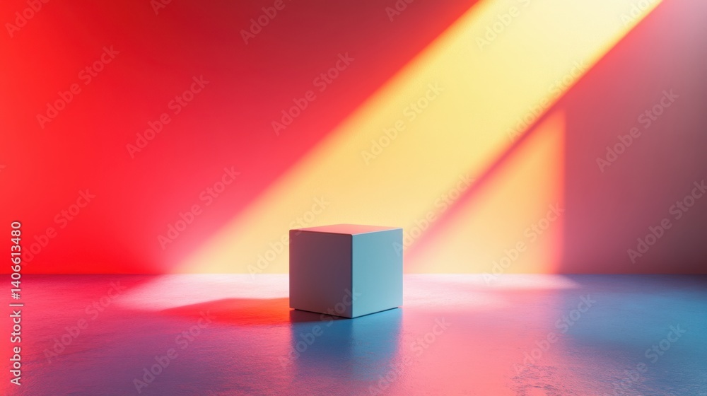 Poster a minimalistic scene featuring a white cube illuminated by colorful light beams in a vibrant, abstra