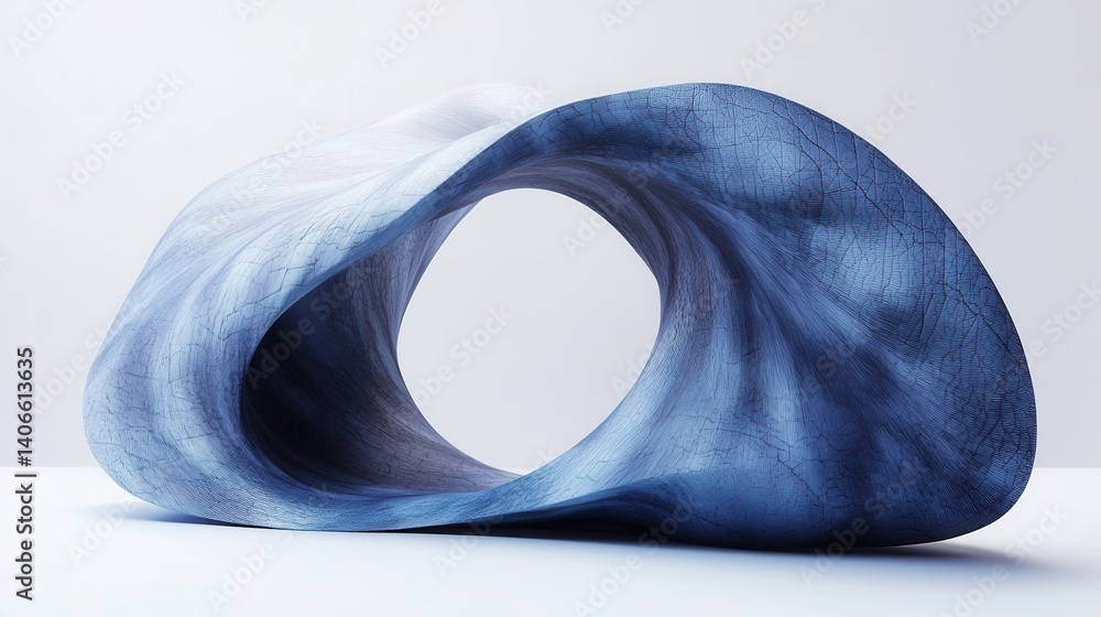 Poster a sculptural design featuring smooth, flowing curves in blue and white, creating a dynamic, abstract