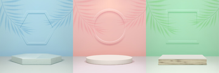3d podium. White product display, stand with coconut shadow, studio stage for light cream with palm leaf. Mockup for product presentation, empty showcase. Vector minimal background