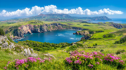 Serene lake landscape picturesque valley with blue water and pink flowers